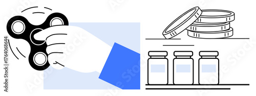 Hand spinning a fidget spinner, symbols of focus and relaxation. Stacked coins and jars convey savings, investment, or resource organization. Ideal for wellness, finance, productivity, mindfulness