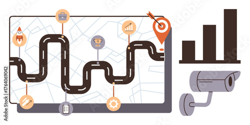 Roadmap with checkpoints, graphs showing growth, and a security camera. Ideal for planning, growth, analytics, strategy, monitoring goal setting and business security. A simple flat metaphor