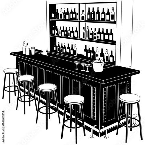 A stylish black and white illustration of a bar with stools and bottles.