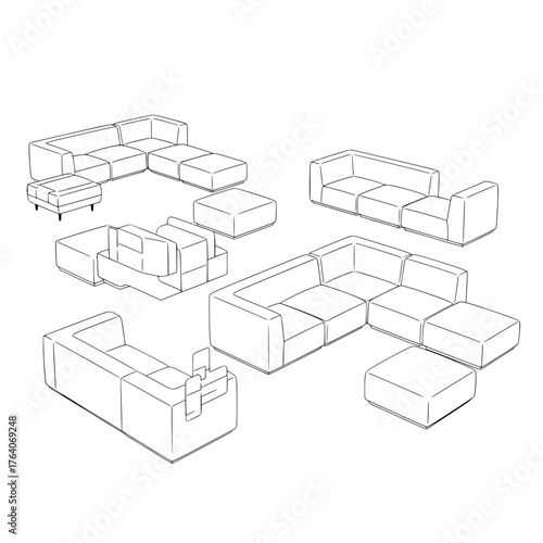 Collection of Modern Sectional Sofas and Ottomans Line Art.