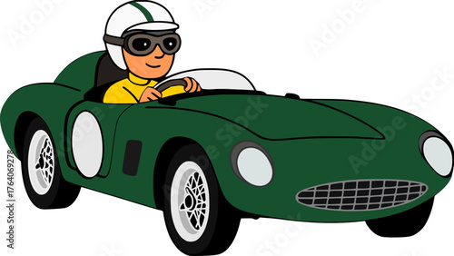 smiling race car driver driving a classic open-top British Racing Green sports car