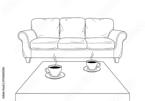 Cozy living room scene with a sofa and two cups of steaming coffee.