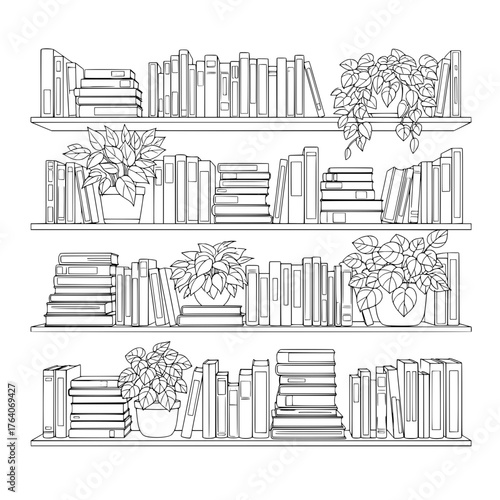 Four shelves filled with books and potted plants line art illustration.