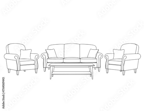 Line art drawing of a sofa two armchairs and a coffee table.