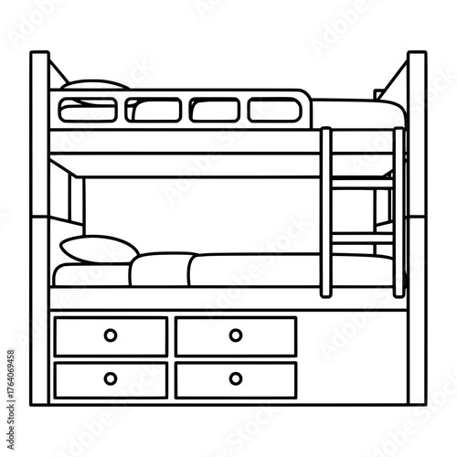 Line art illustration of a bunk bed with drawers and bedding.