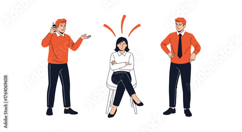 Frustrated businesswoman sits calmly as colleagues argue around her, capturing workplace tension and communication breakdown dynamics.