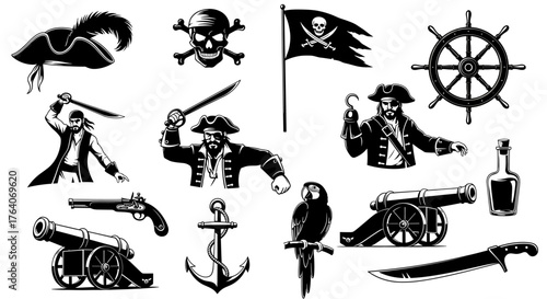 Unleash the pirate spirit with this dynamic collection of classic seafaring symbols and fierce buccaneers ready for adventure