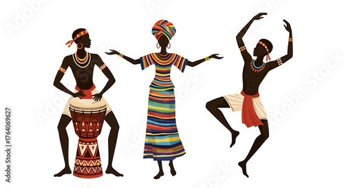 Vibrant African dancers and drummer celebrate culture with rhythmic movement and festive attire, embodying tradition and joy