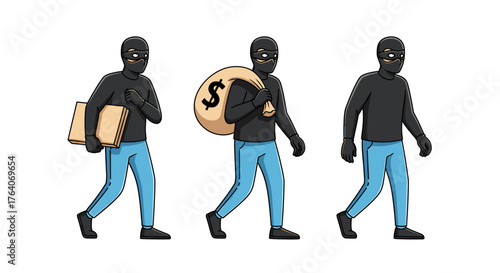 Sneaky thief in disguise carrying stolen goods and money bag, illustrating crime and security concepts with playful cartoon style