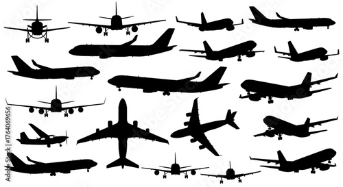 Dynamic collection of diverse airplane silhouettes capturing the essence of modern aviation travel and global connectivity
