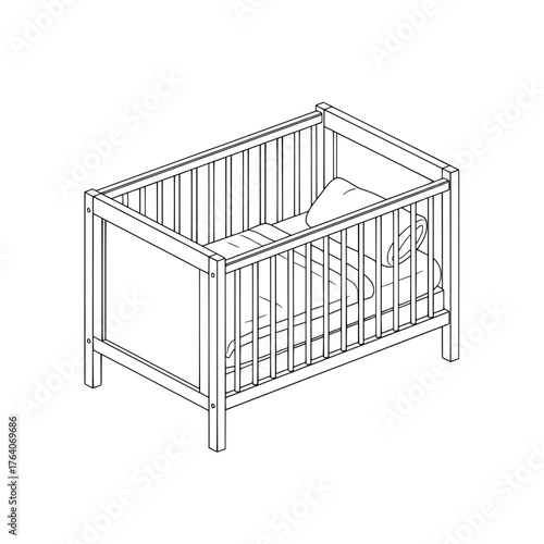 Line art illustration of a wooden baby crib with bedding.