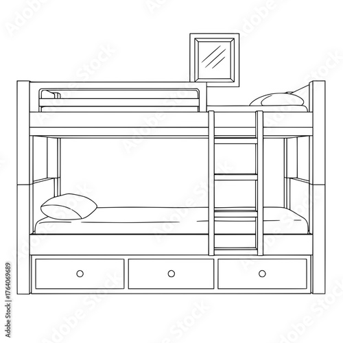 Line art illustration of a wooden bunk bed with drawers and a mirror.