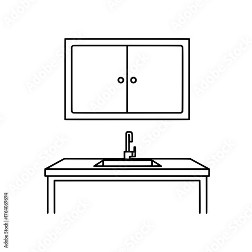 Minimalist Line Art of a Kitchen Sink and Cabinet.