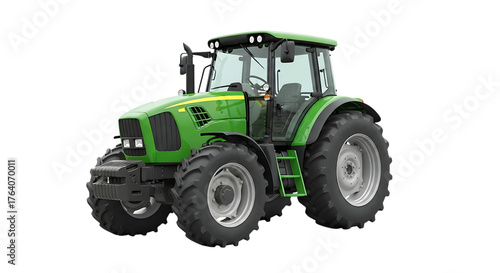 green agricultural tractor with large tires and cab, cutout, PNG isolated on white or transparent background