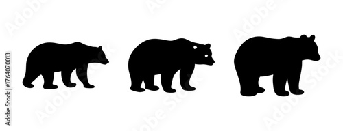 Three silhouettes of black bears walking side by side in progressive sizes for wildlife design