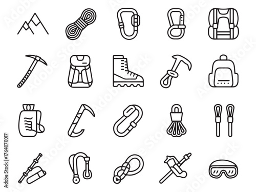 Icons of outdoor adventure gear: ropes, carabiners, boots, and backpacks for climbers and hikers.