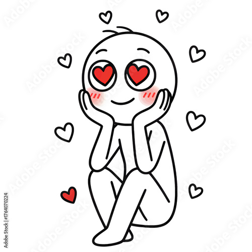 Vector illustration of a stick figure sitting with dreamy eyes surrounded by hearts, symbolizing romantic daydreams.