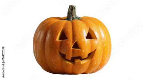 A carved orange pumpkin with a spooky face for Halloween.
