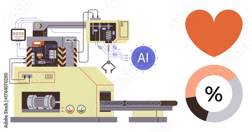 Industrial machine with AI integration, robotic arm, heart symbol, and data chart. Ideal for automation, innovation, technology, productivity, analytics efficiency and sustainability in a simple