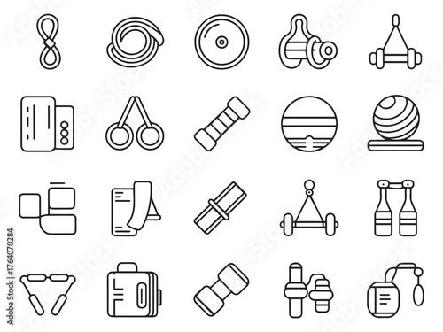 A collection of various fitness and gym icons in a minimalist line art style.