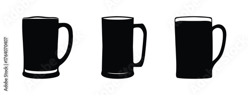 Three black beer mugs silhouettes showing different styles perfect for beverage designs and bar concepts