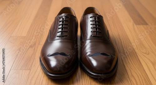 A pair of polished brown leather oxford shoes on a wooden floor