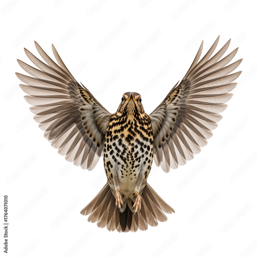 Fototapeta premium Flying Thrush Bird with Spread Wings Isolated on White Background