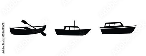 Collection of diverse watercraft silhouettes including rowboat motorboat and speedboat