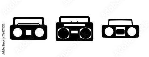 Three black retro boomboxes labeled with icons showing vintage audio equipment and music playback