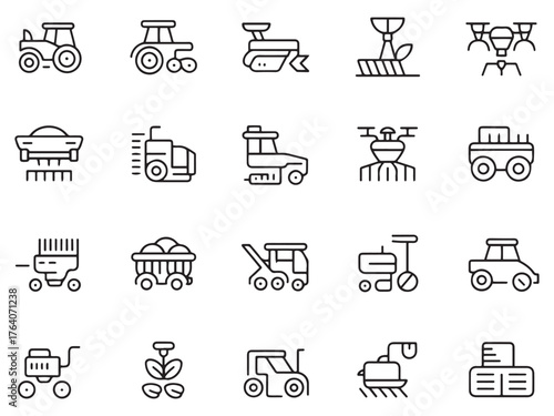 A collection of simple line icons depicting various agricultural machinery and vehicles.
