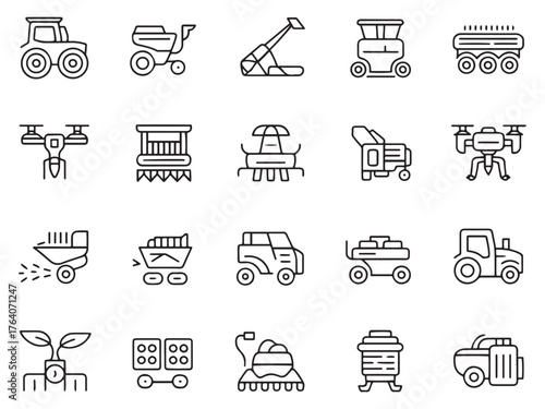 Collection of agricultural machinery icons illustrating modern farming techniques and equipment.