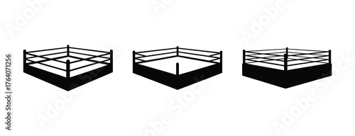Three boxing rings showing different perspectives corner views isolated sport competition fighting arena graphics