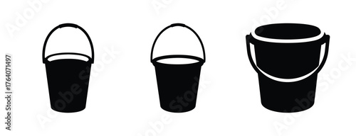 Three black buckets of varying sizes displayed side by side with handles up