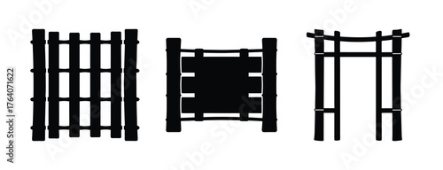 Collection of three stylized bamboo gate designs minimalist line art abstract shapes oriental architectural elements