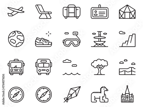 A collection of travel-related line icons, including an airplane, suitcase, and globe.
