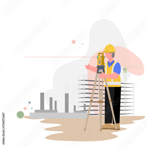 Construction surveyor using a theodolite at a building site. Worker wearing safety helmet and vest with crane and structure in the background. , engineering and construction concept.