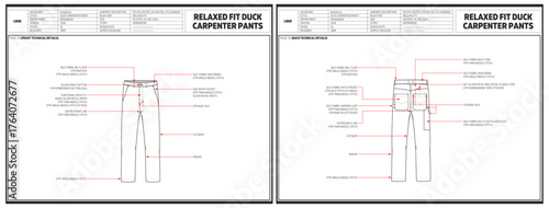 Utility Work Pants – Front and Back View Technical Sketch with Tool Loop and Patch Pocket Detailing