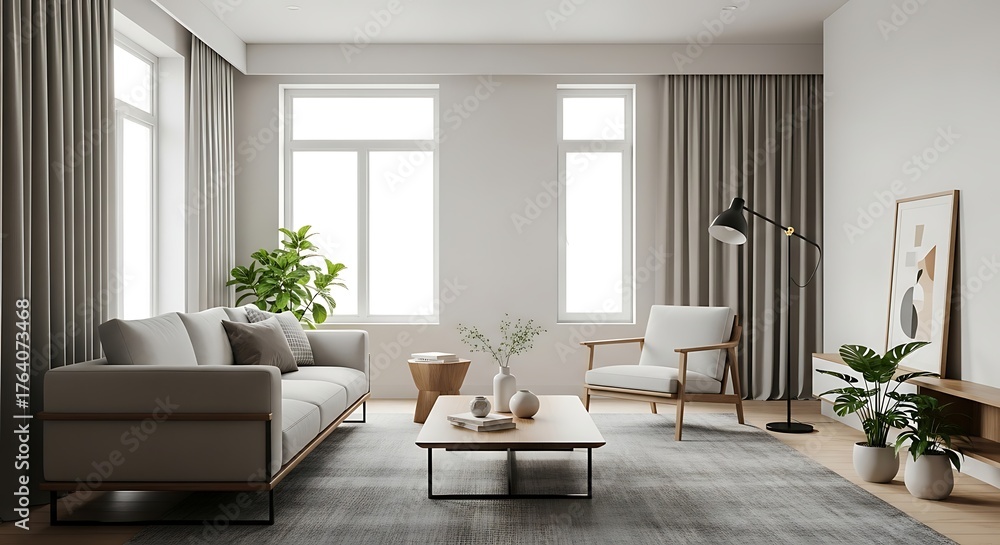 Fototapeta premium Bright and spacious contemporary living room with minimalist furniture and plenty of natural light