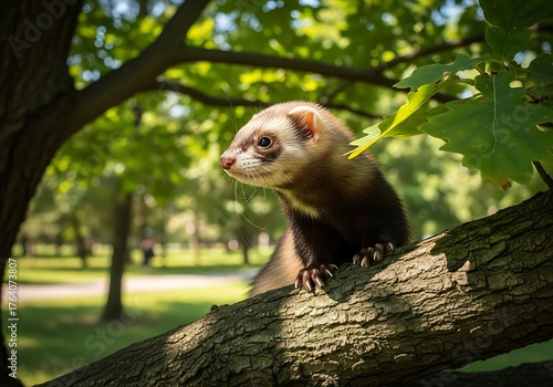 Ferret on a Tree Branch in a Park.