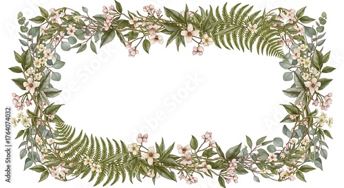 Elegant Floral Frame with Ferns and Delicate Blossoms for Invitations.