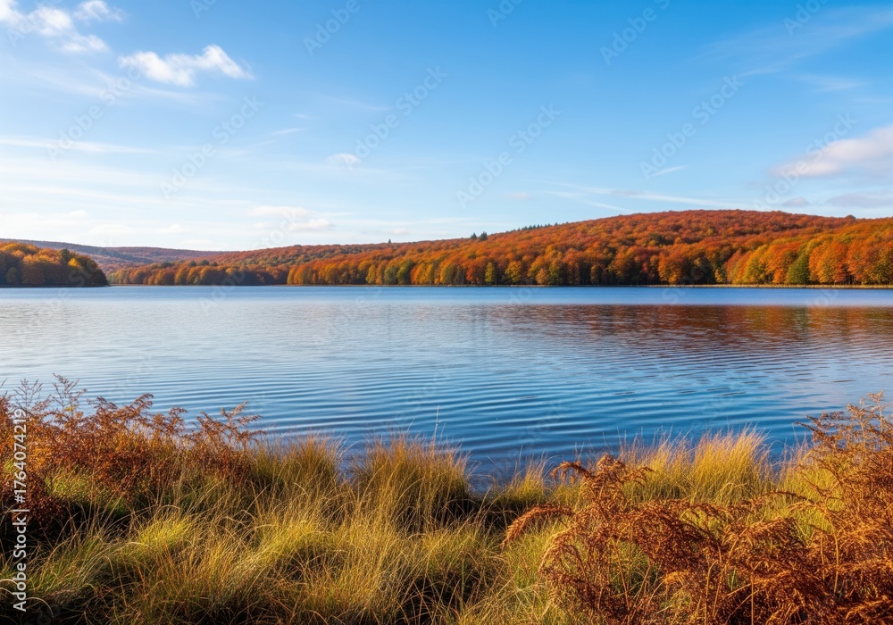 Fototapeta premium Scenic autumn landscape with a tranquil lake reflecting colorful trees and blue sky