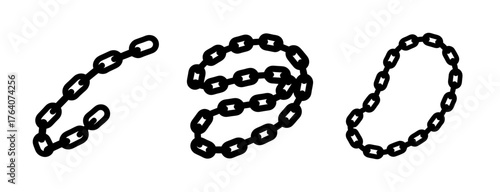 Three distinct black anchor chains shown in various fluid and twisted configurations against a light background