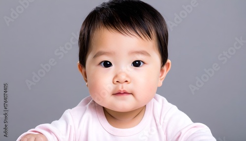 Adorable asian baby portrait on grey background