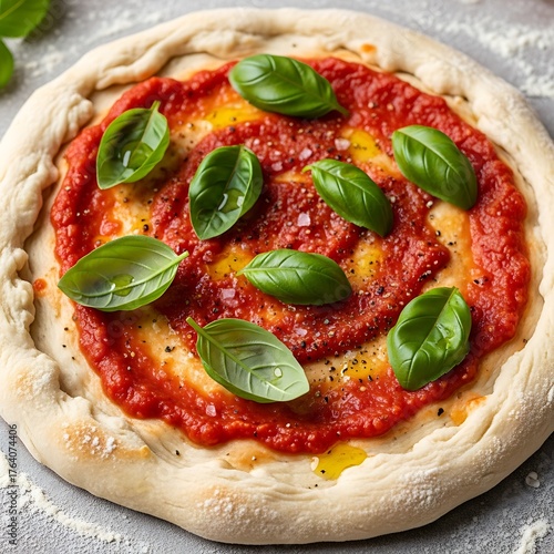 Delicious Homemade Pizza with Fresh Basil and Tomato Sauce.