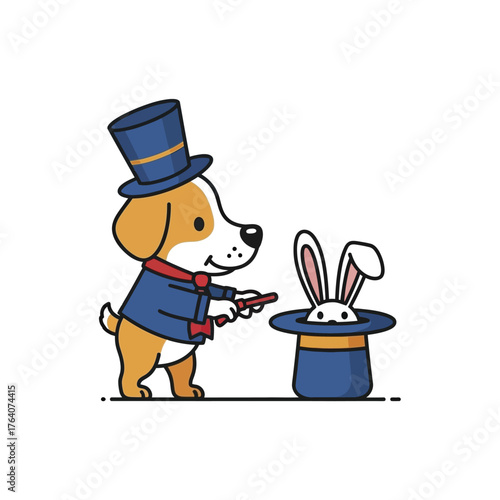 Cute Dog Magician Performing Magic Trick with Rabbit in Hat.