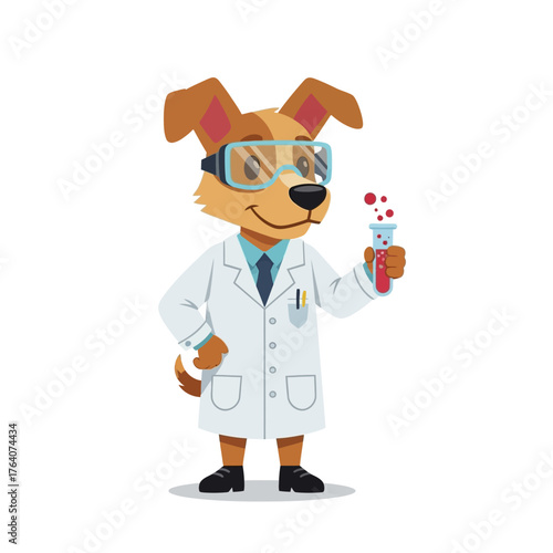 Cartoon Dog Scientist Character Conducting Experiment with Test Tube in Lab Coat.