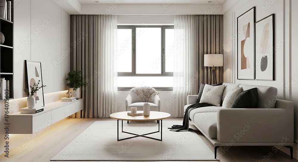 Fototapeta premium Modern minimalist living room interior with contemporary furniture and natural light creating a serene home ambiance