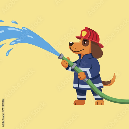 Cartoon dog firefighter character holding a water hose.