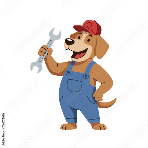 Happy Dog Mechanic Cartoon Character Holding a Wrench.