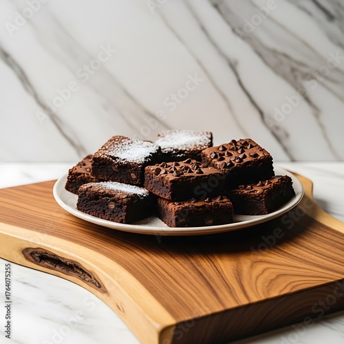 Delicious Chocolate Brownies Stacked on a Wooden Board.